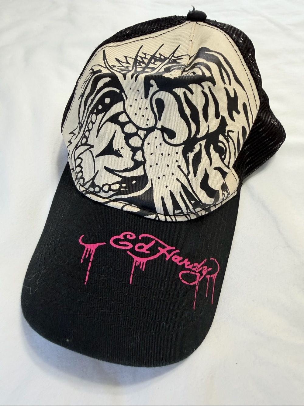 Ed Hardy Tiger Trucker Hat Black Pink Script Mesh Snapback Y2K tattoo skull cap